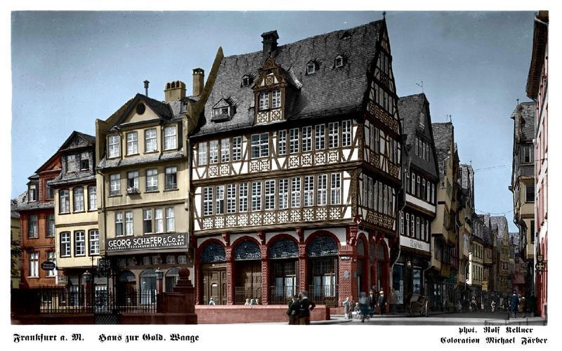 kolorierte Postkarte. 1900, Haus zur Goldenen Waage, historisches Fachwerkhaus